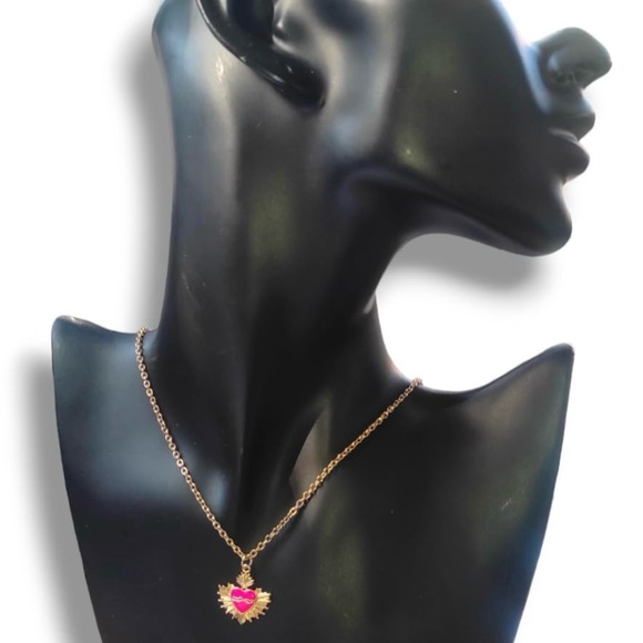 Hot Pink Sacred Heart Crown of Thorns Fiery Radiant Jesus Mary Catholic Necklace - Picture 7 of 16